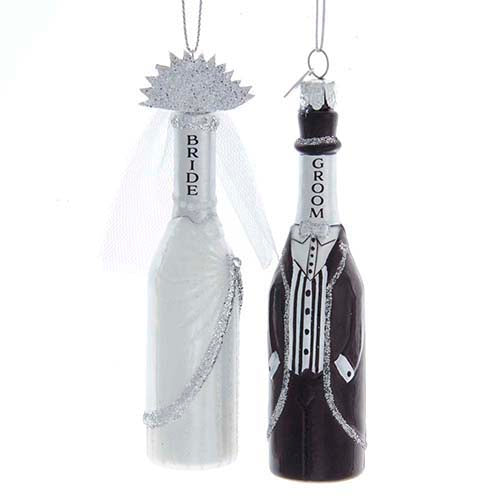 Bride & Groom Wine Bottle Glass Ornament 4.5
