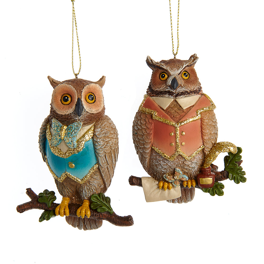 Copper and Teal Owls On Branches Wearing Vests 3.5