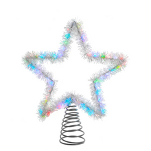 Load image into Gallery viewer, Red, Green &amp; Blue Multi Color LED Silver Tinsel Star Tree Topper 55 Light
