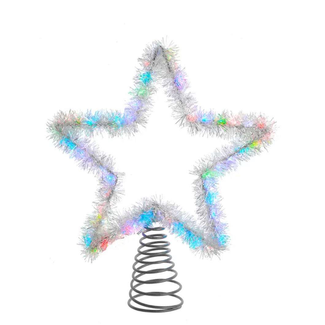 Red, Green & Blue Multi Color LED Silver Tinsel Star Tree Topper 55 Light
