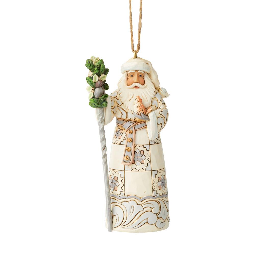 White Woodland Santa with Walking Cane Ornament