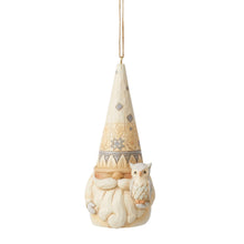 Load image into Gallery viewer, White Woodland Gnome Holding Owl Ornament
